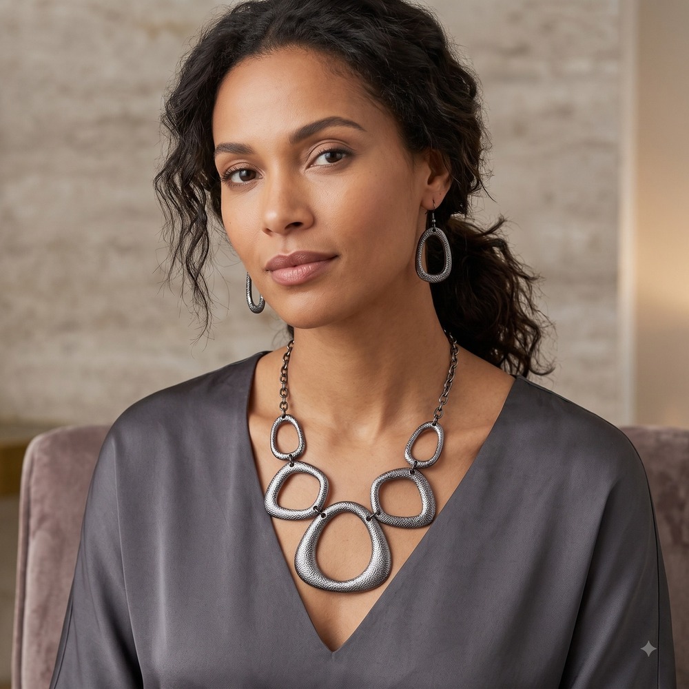 Gunmetal Textured Bib Necklace and Earring Set Geometric Statement Jewelry